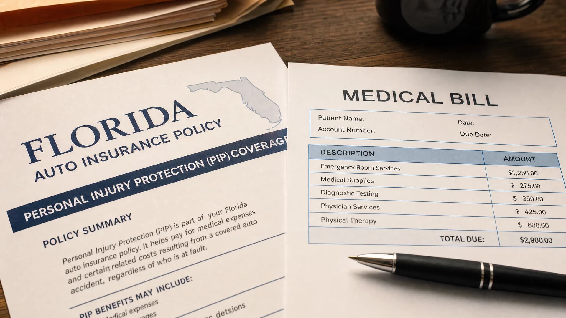Car accident attorney in South Florida reviewing PIP insurance documents at a desk in a Broward County law office.