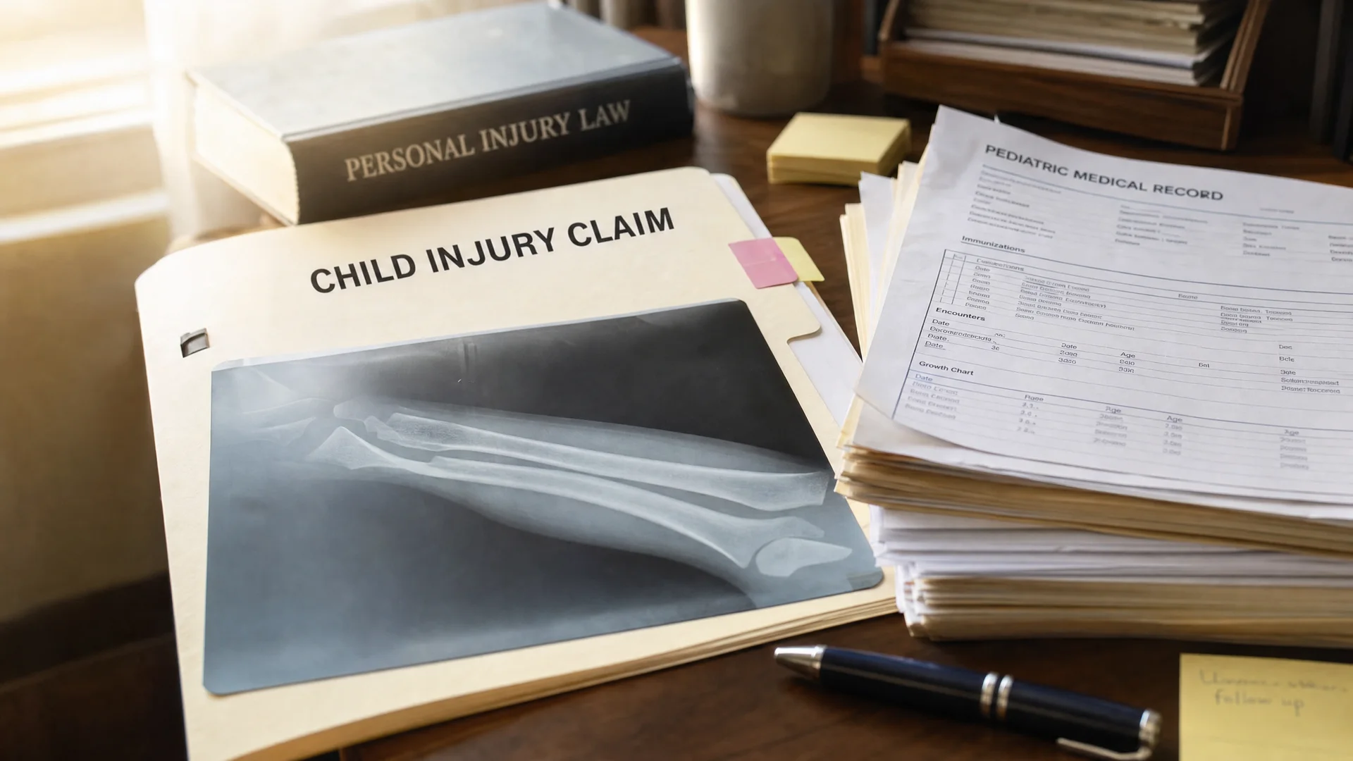 Child injury attorney in South Florida reviewing pediatric medical records and case documents at a desk.