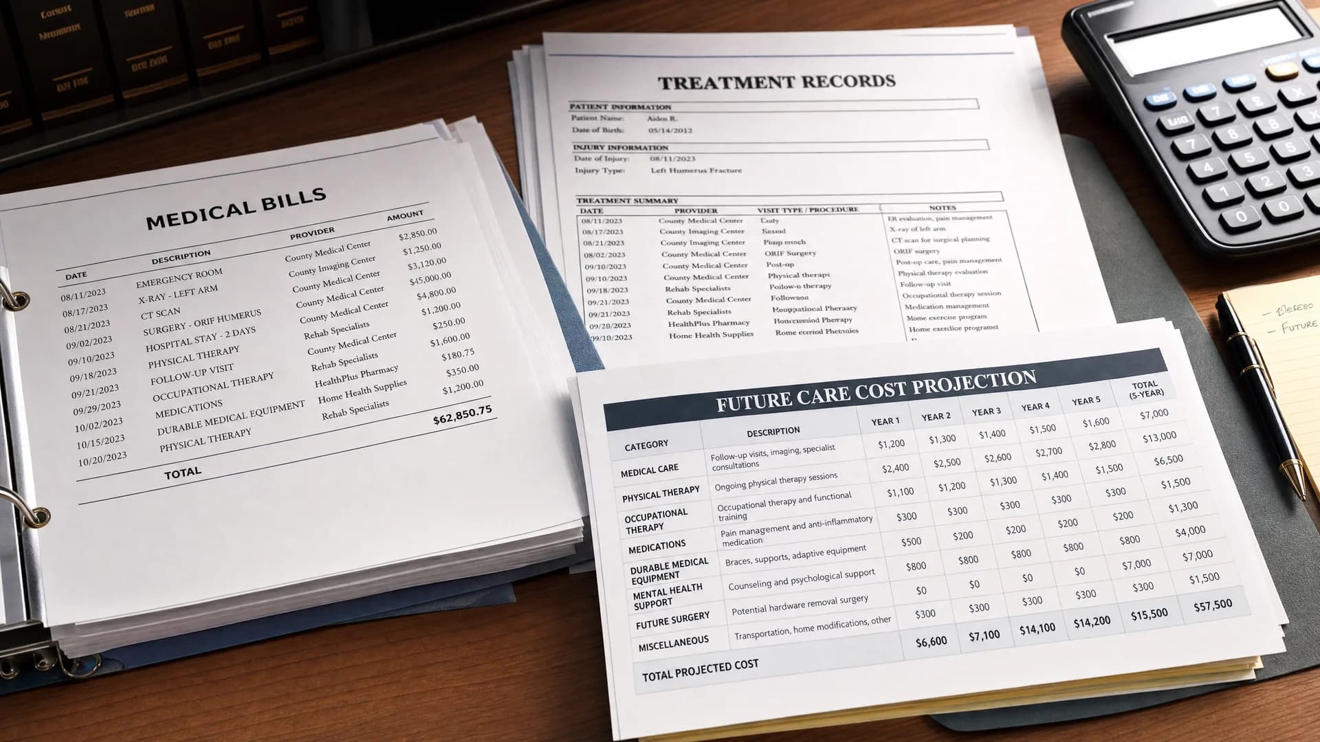 Florida child injury claim documents with medical records and legal paperwork on a South Florida law office desk.