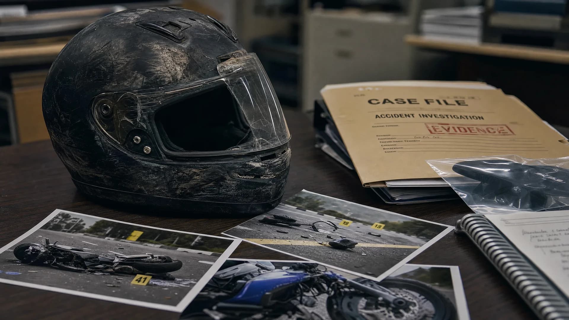 Attorney reviewing motorcycle accident claim documents and insurance records in a South Florida law office