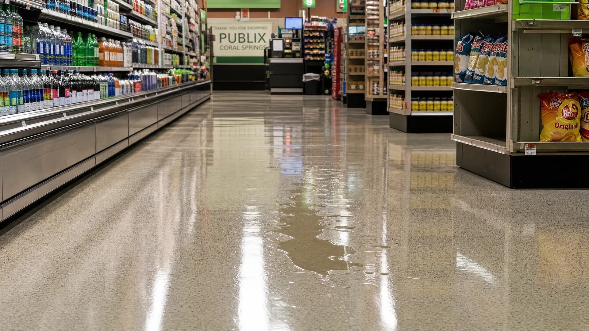 Slip and fall hazard wet floor sign in a South Florida grocery store