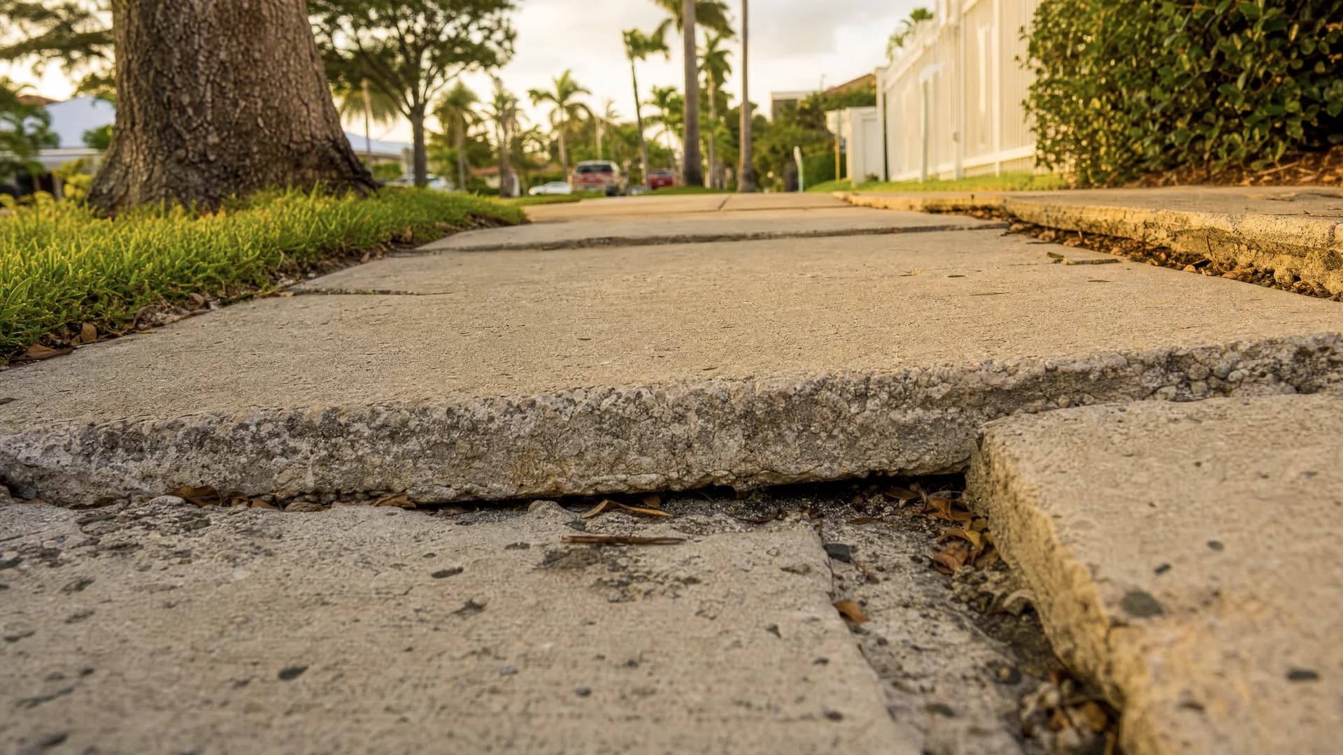 Cracked and uneven sidewalk in South Florida, a common trip and fall hazard in Palm Beach and Broward Counties.