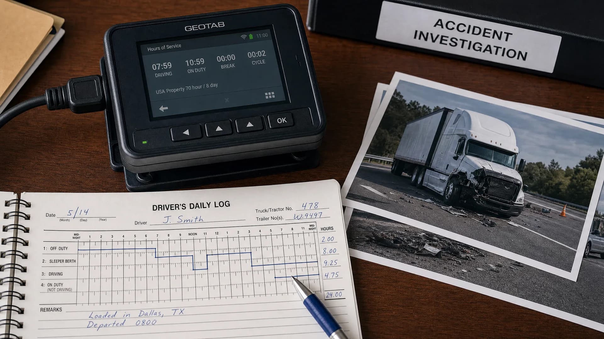 Attorney reviewing trucking accident evidence and FMCSA logbook records in South Florida law office