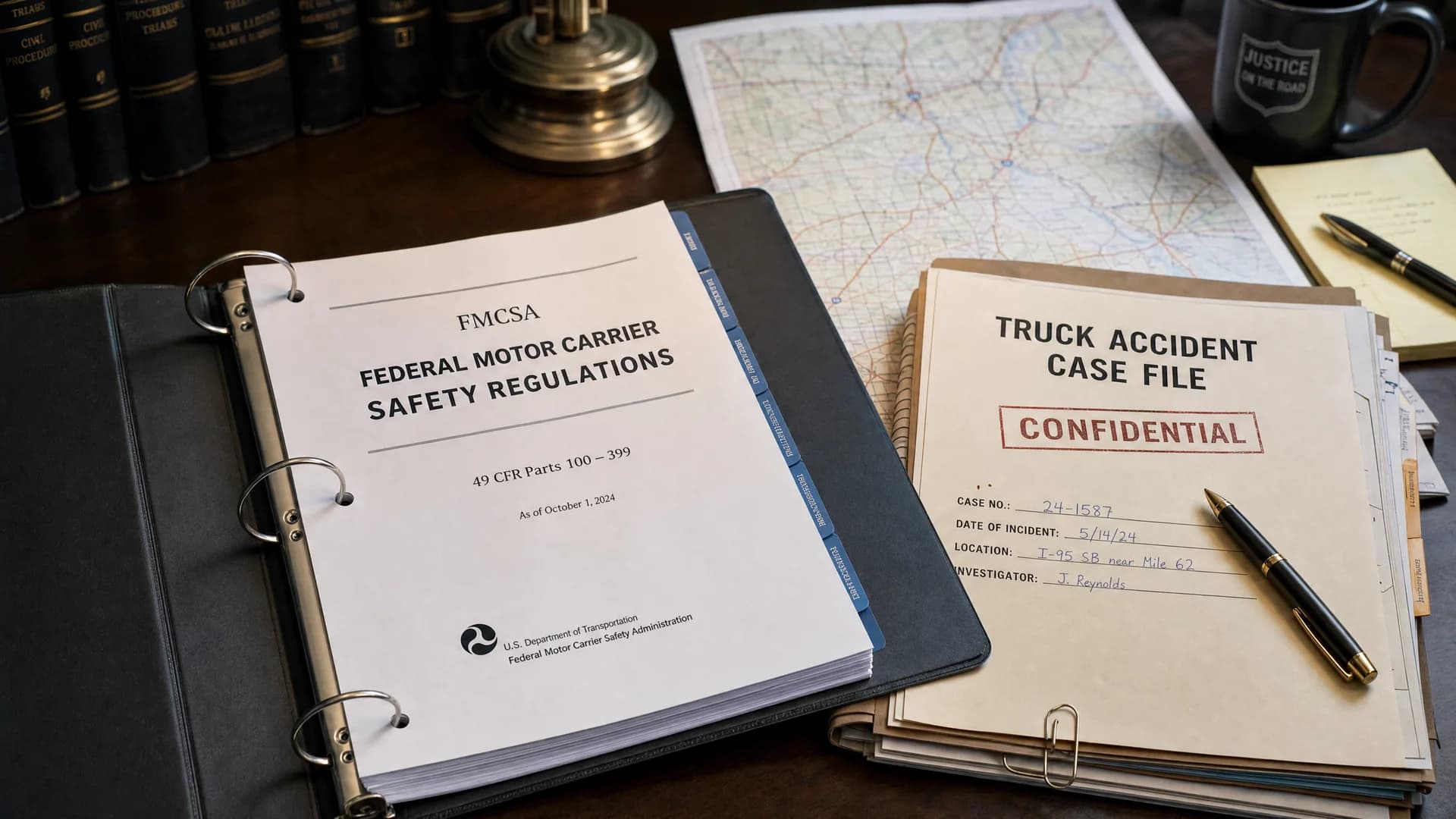 South Florida attorney examining federal trucking accident regulations and ELD logbook records at desk