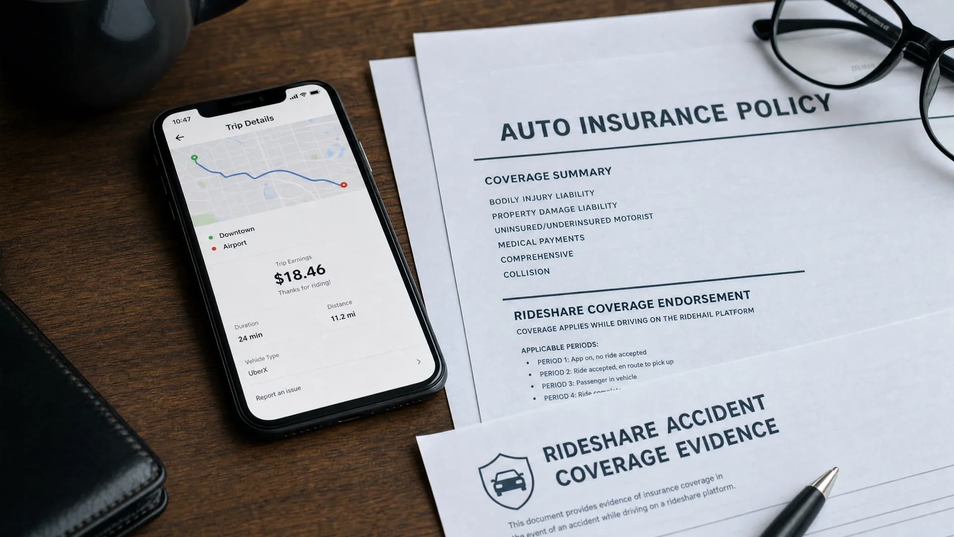 Attorney reviewing Uber and Lyft accidents insurance documents at a South Florida law office with rideshare app data on a laptop