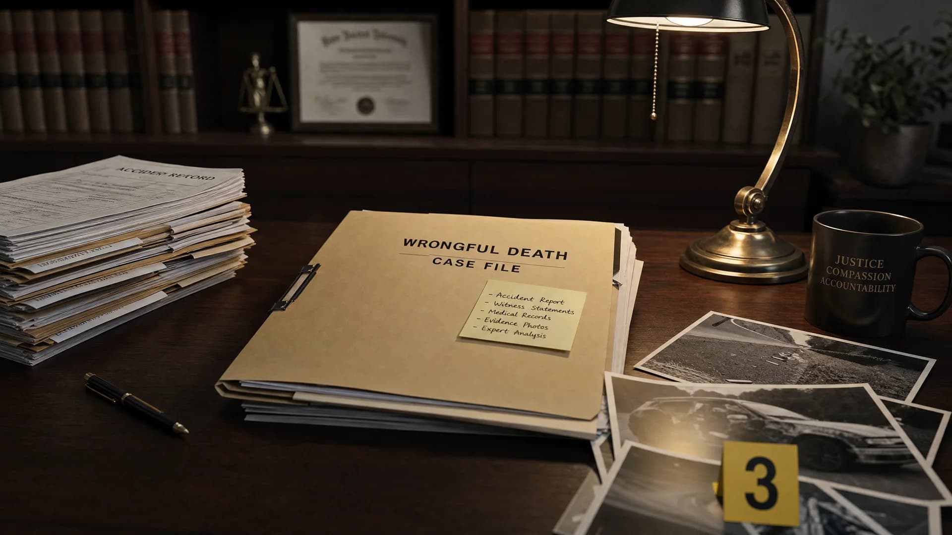 Wrongful death attorney reviewing medical and accident records in a South Florida law office